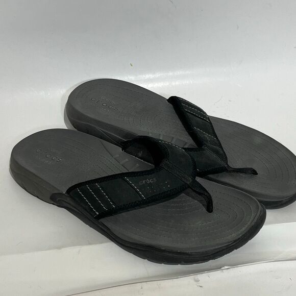 Crocs Men's Black Swiftwater Leather Iconic Comfort Flip Flop Sandals Size 13 - Picture 2 of 11